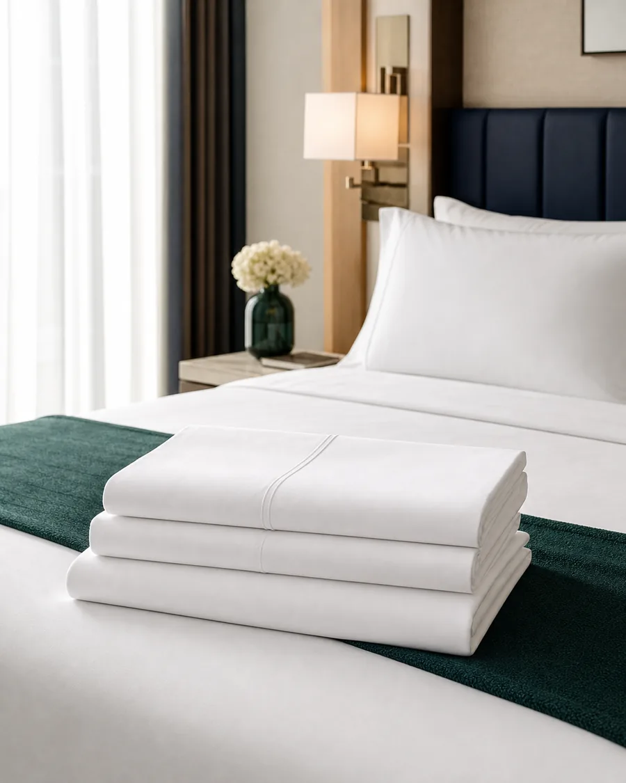Crisp white hotel bedsheets in a modern guest room