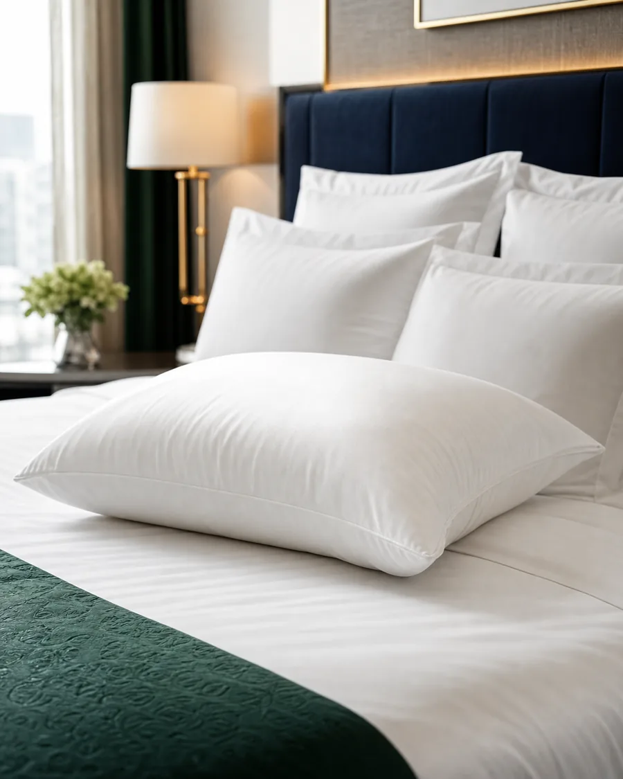 Plush white hotel pillows arranged on a bed