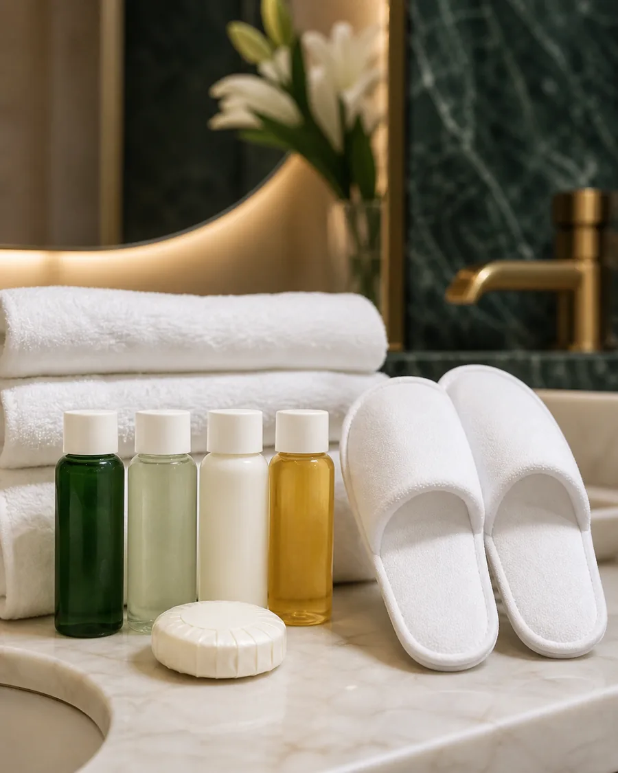 Hotel toiletries and white guest slippers