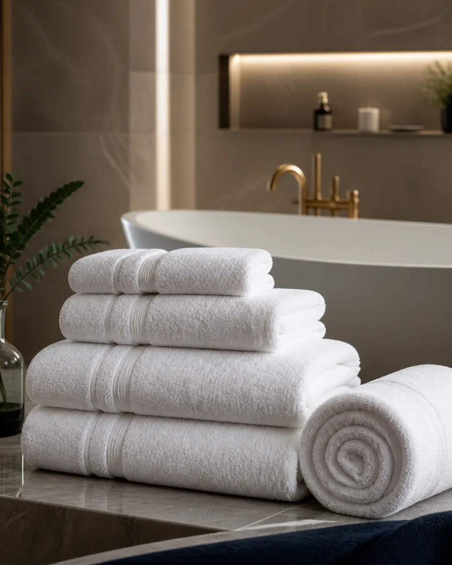 Stack of plush white hotel towels beside a bathtub