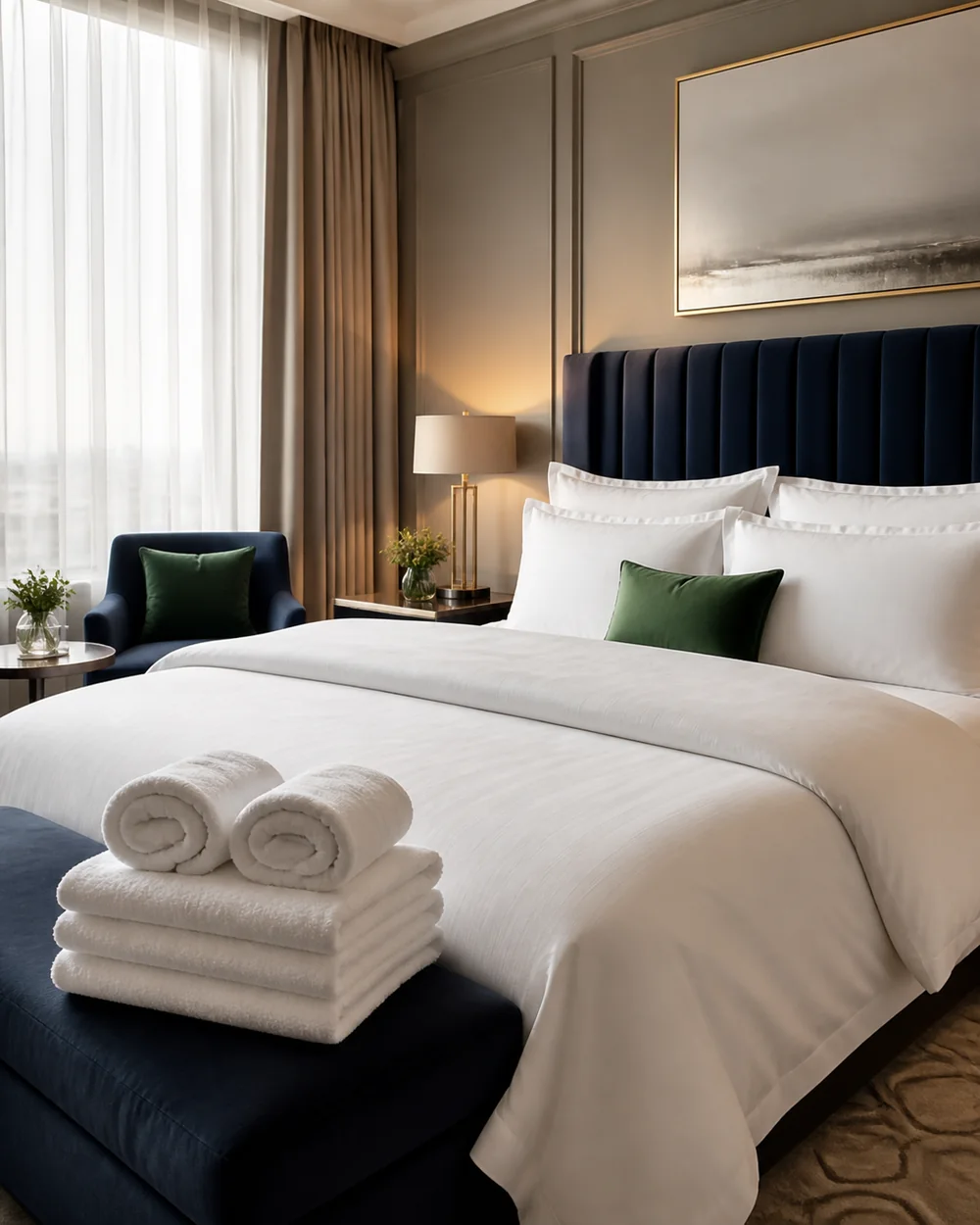 Hotel toiletries, towels and guest slippers